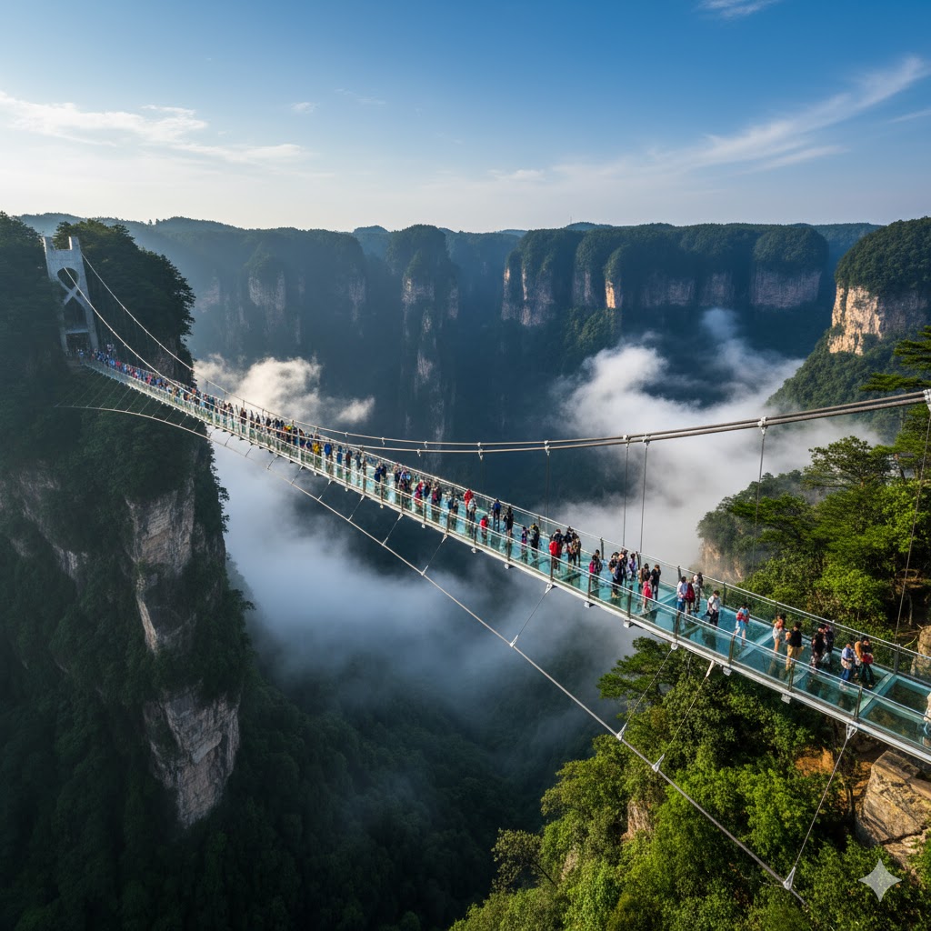 Zhangjiajie glass bridge hovering above canyon with travelers walking across transparent panels, China. Zhangjiajie glass bridge hovering above canyon with travelers walking across transparent panels, China.