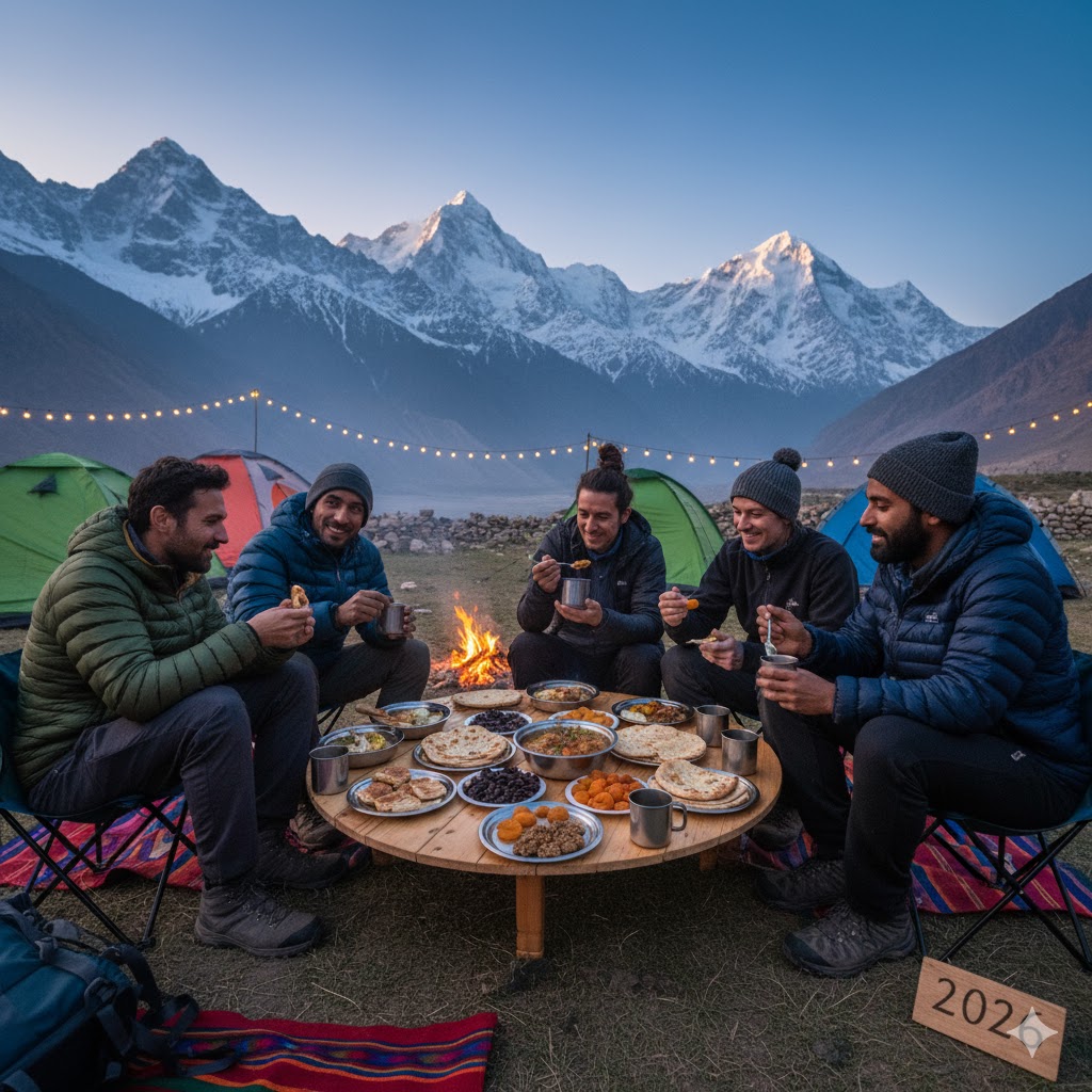 backpackers eating local food at a campsite in Hunza, Pakistan 2026