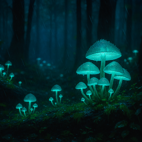 bioluminescent forest rain bioluminescent-forest-rain-glowing-mushrooms-after-rainfall