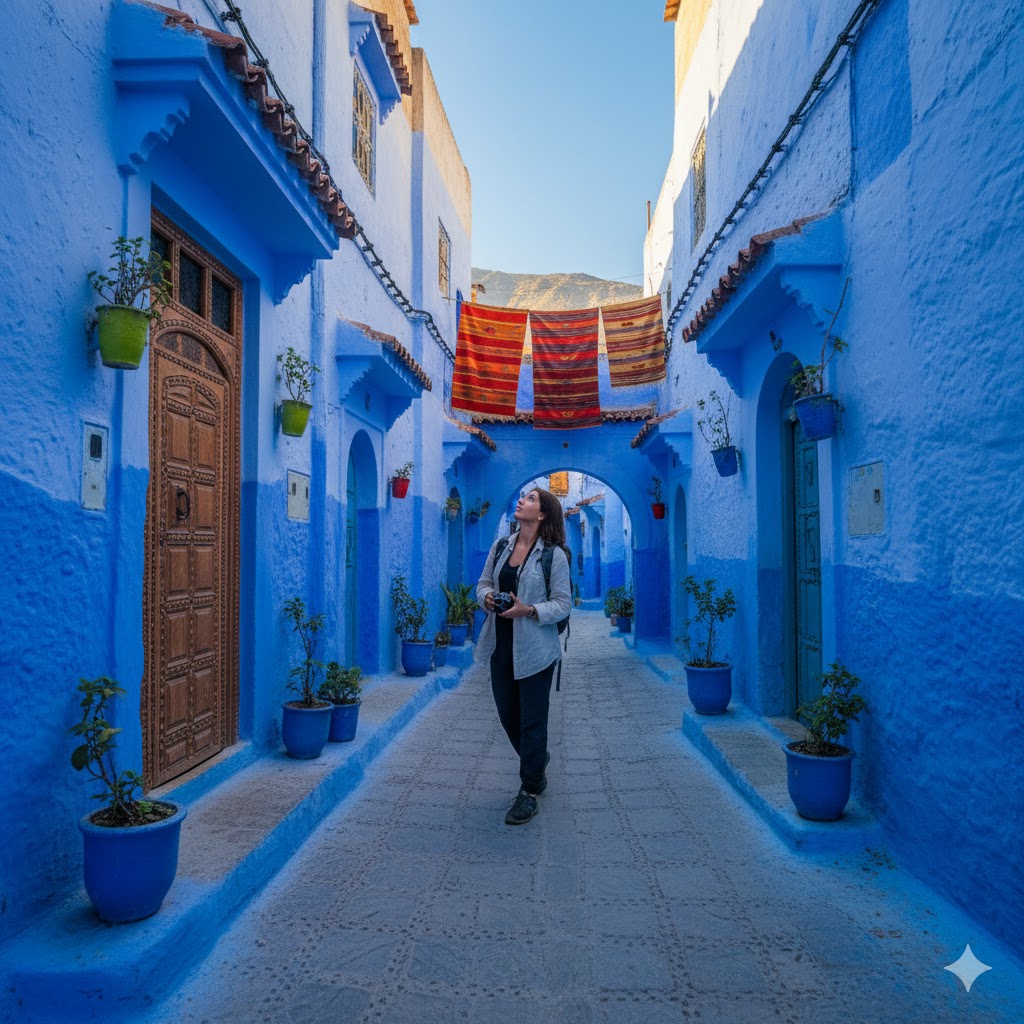 blue-painted alleys of Chefchaouen Morocco with solo traveler