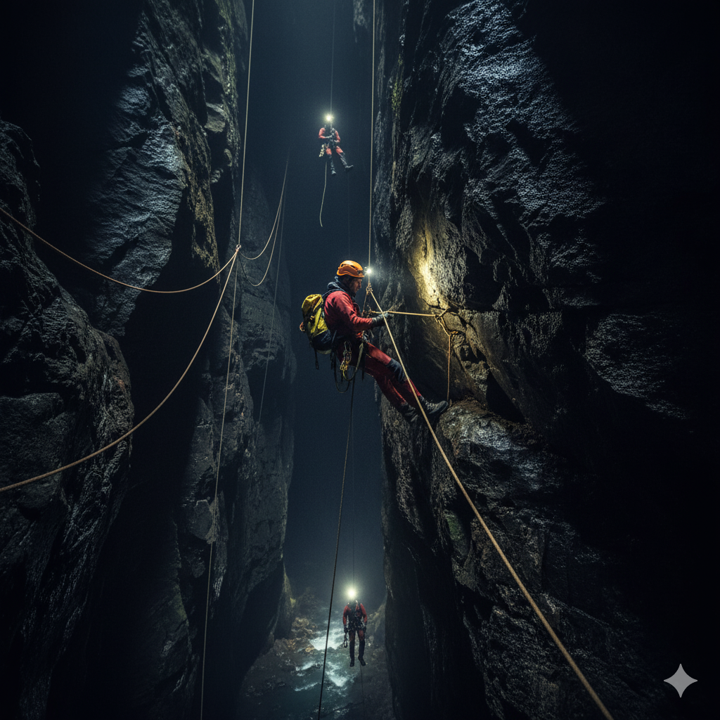 challenging descent into a deep cave, showing explorers navigating the harsh, vertical environment