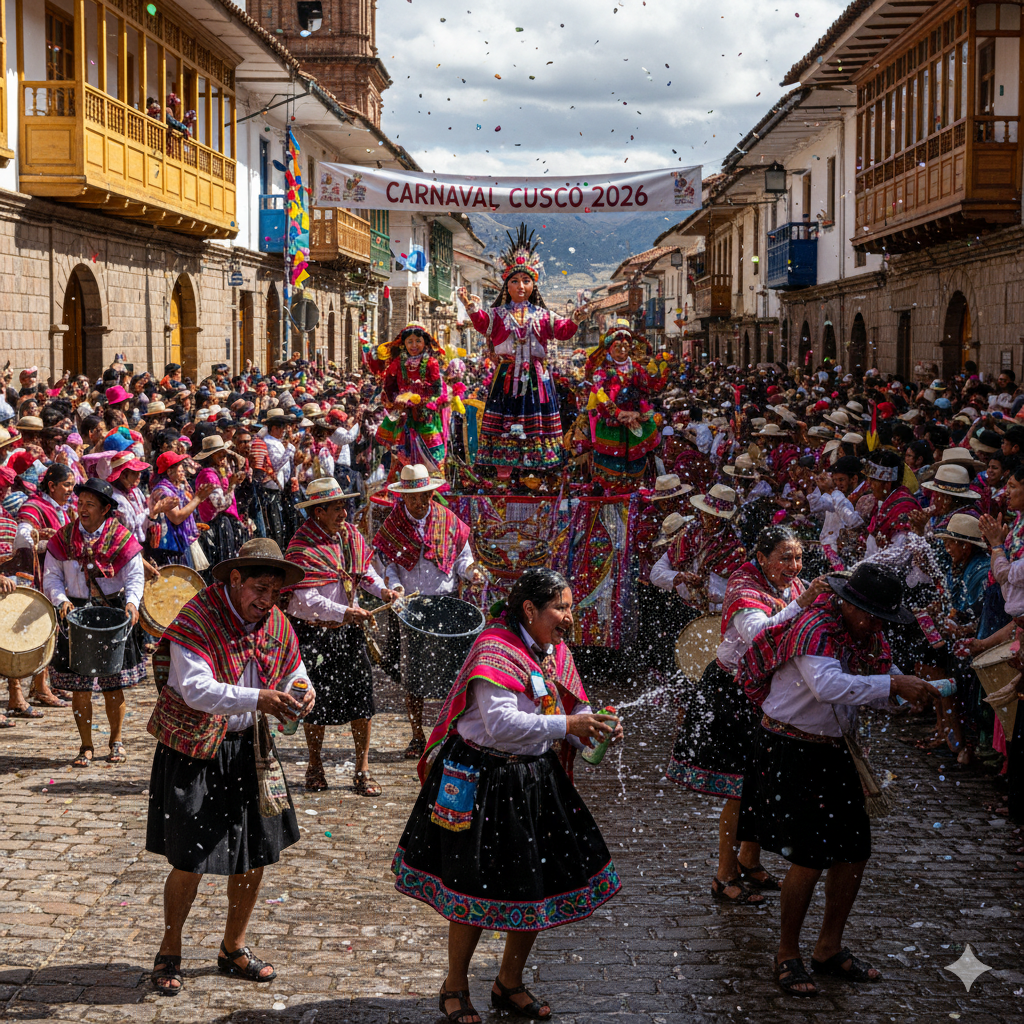 colorful parades, water battles, and folkloric dances for Cuzco Carnival 2026