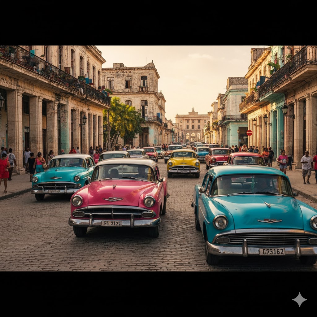 colorful vintage cars cruising down a lively Havana street in Cuba