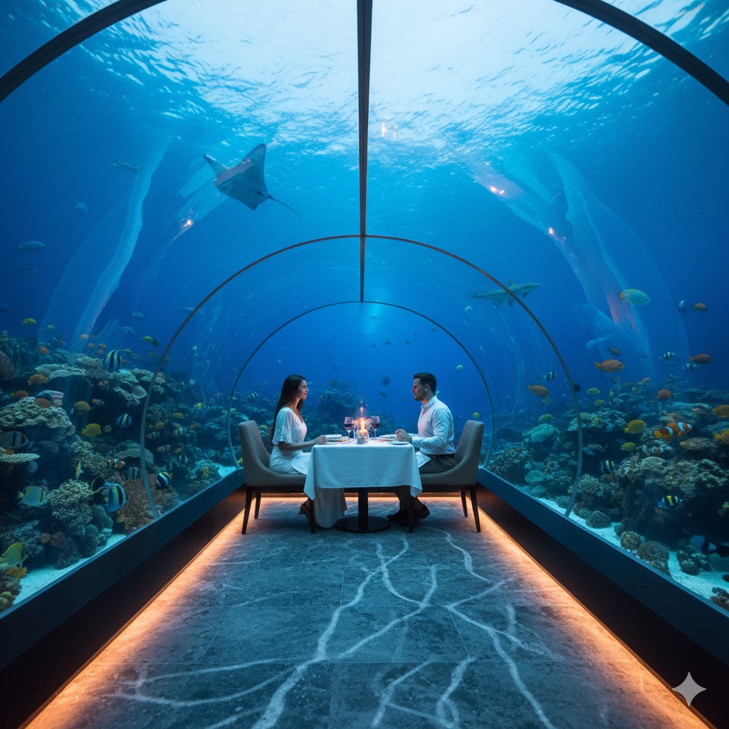 couple dining underwater in Maldives romantic resort