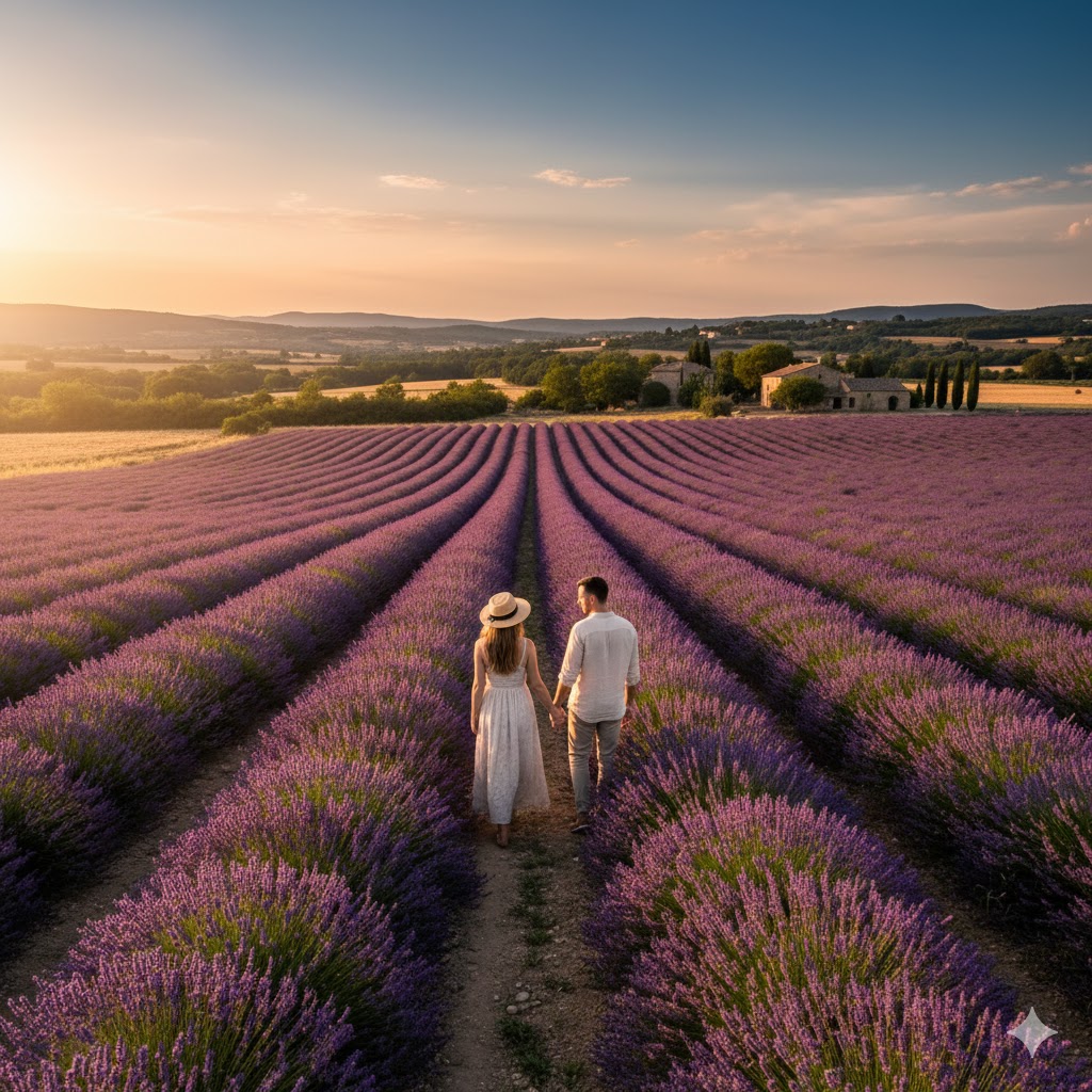 couple holding hands in lavender fields of Provence France