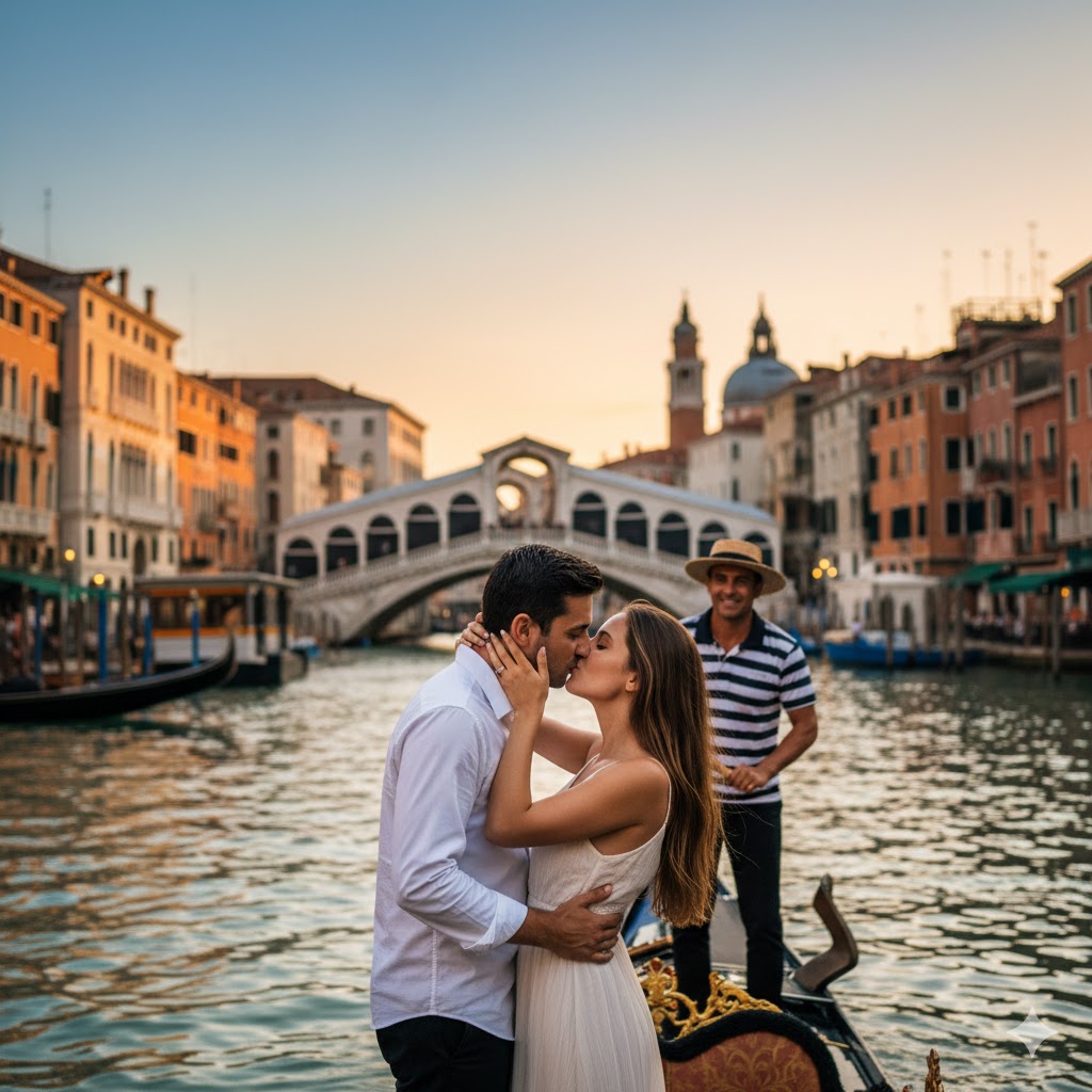 couple kissing on gondola in Venice Italy