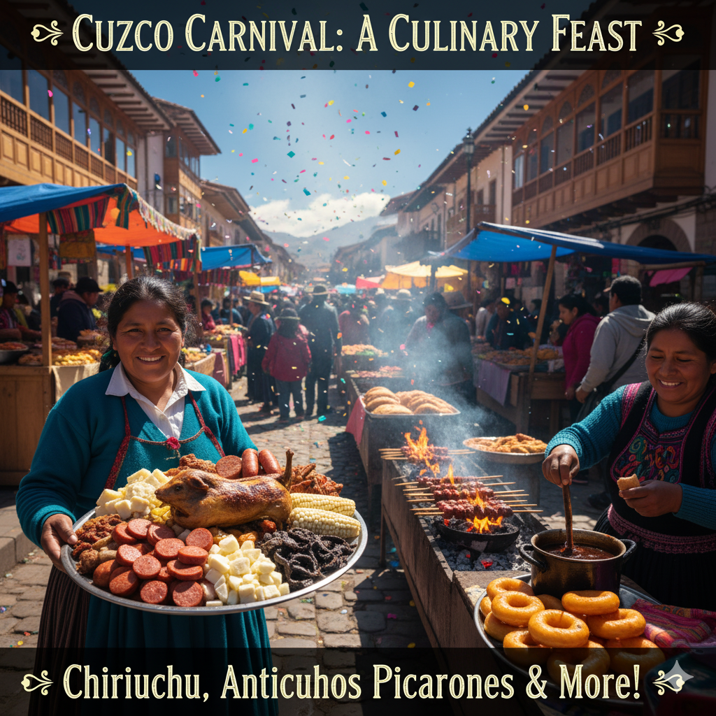 culinary feast of Cuzco Carnival, with vendors offering Andean specialties