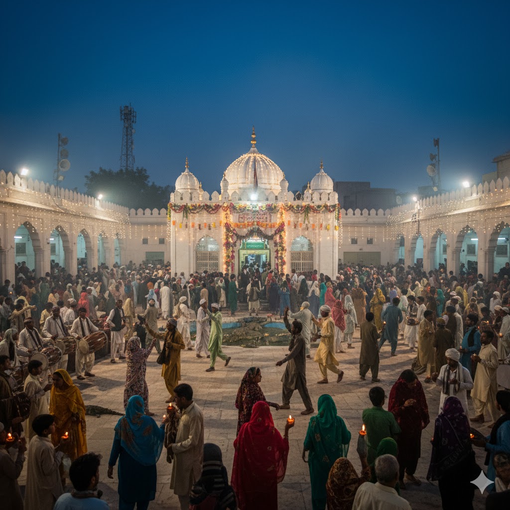 devotees gathering at Pir Mangho’s shrine in Karachi during Urs celebration