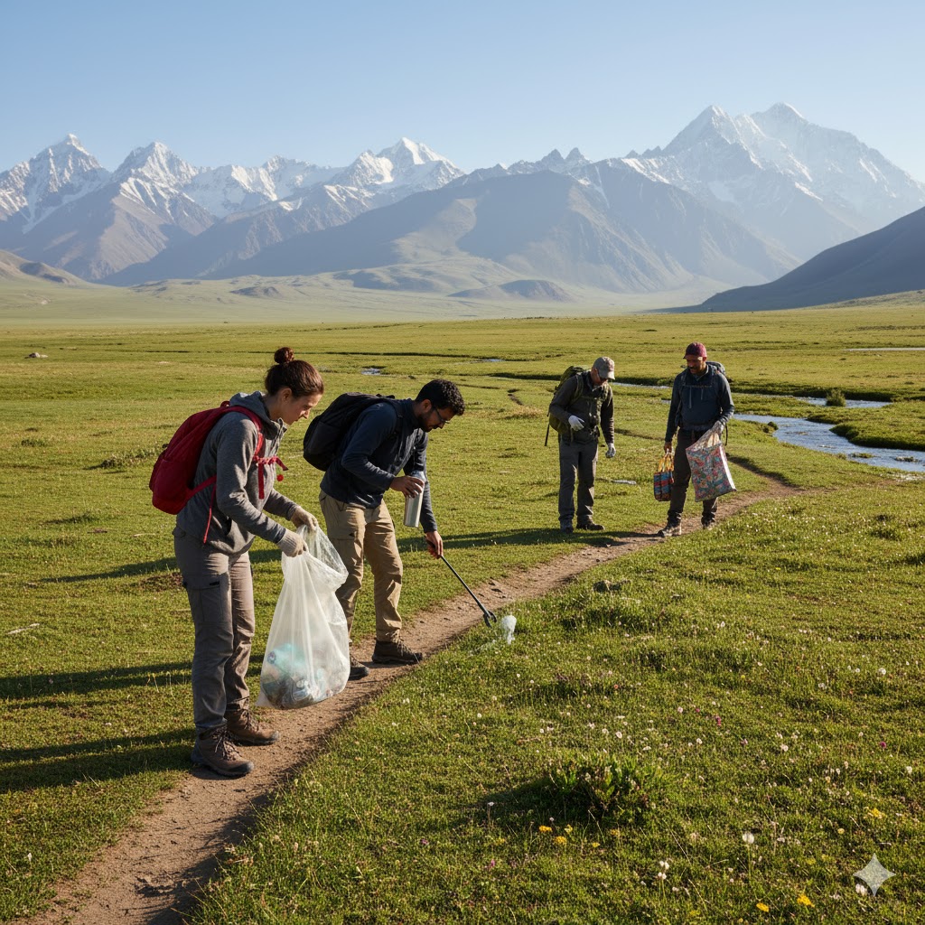 eco trekkers cleaning trail in Deosai National Park, holding reusable bottles and waste bags