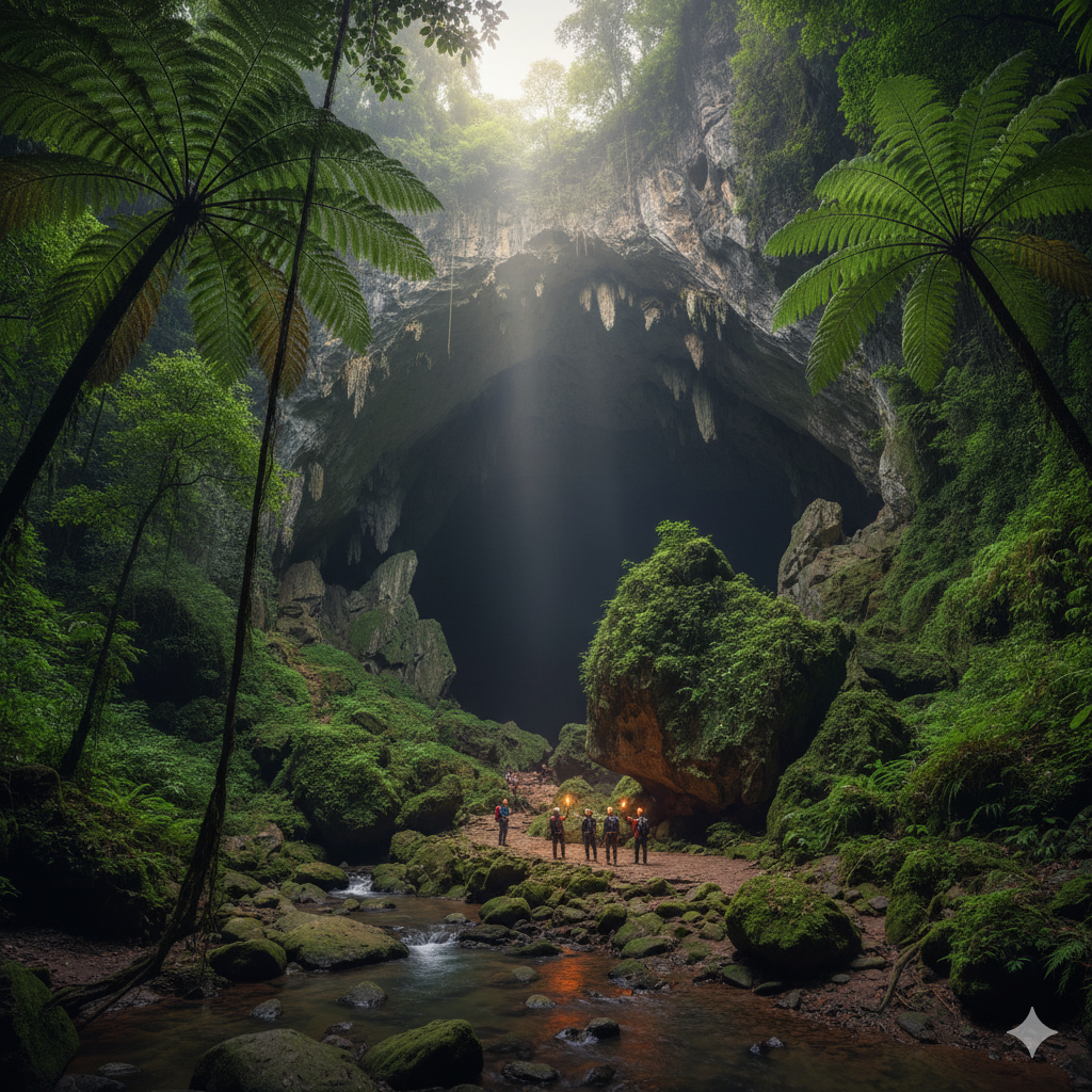 entrance of Son Doong Cave in Vietnam’s jungle