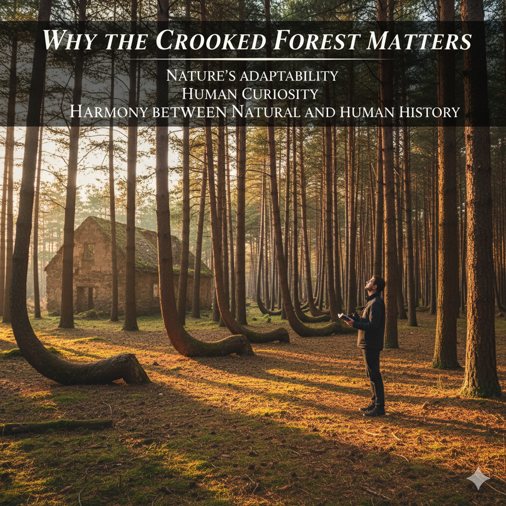 essence of the Crooked Forest, symbolizing nature's adaptability, human curiosity, and the harmony between natural and human history