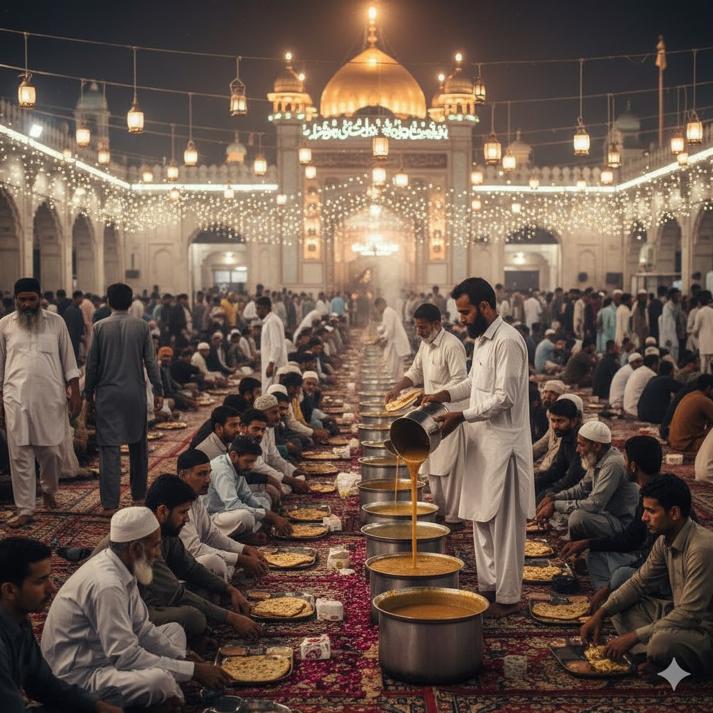 evotees enjoying free langar meals at Data Darbar shrine, Lahore.