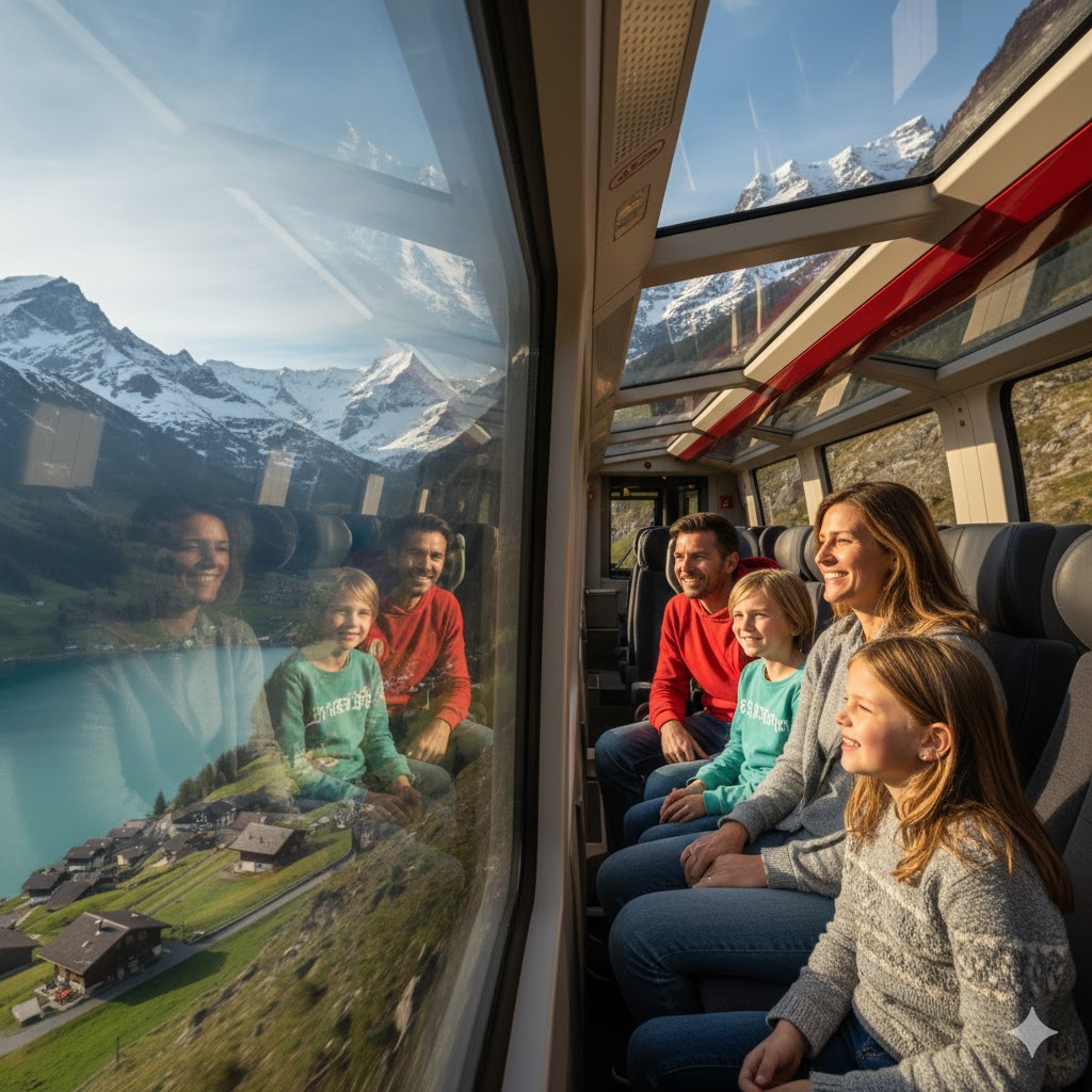 family riding Swiss train through mountains Switzerland