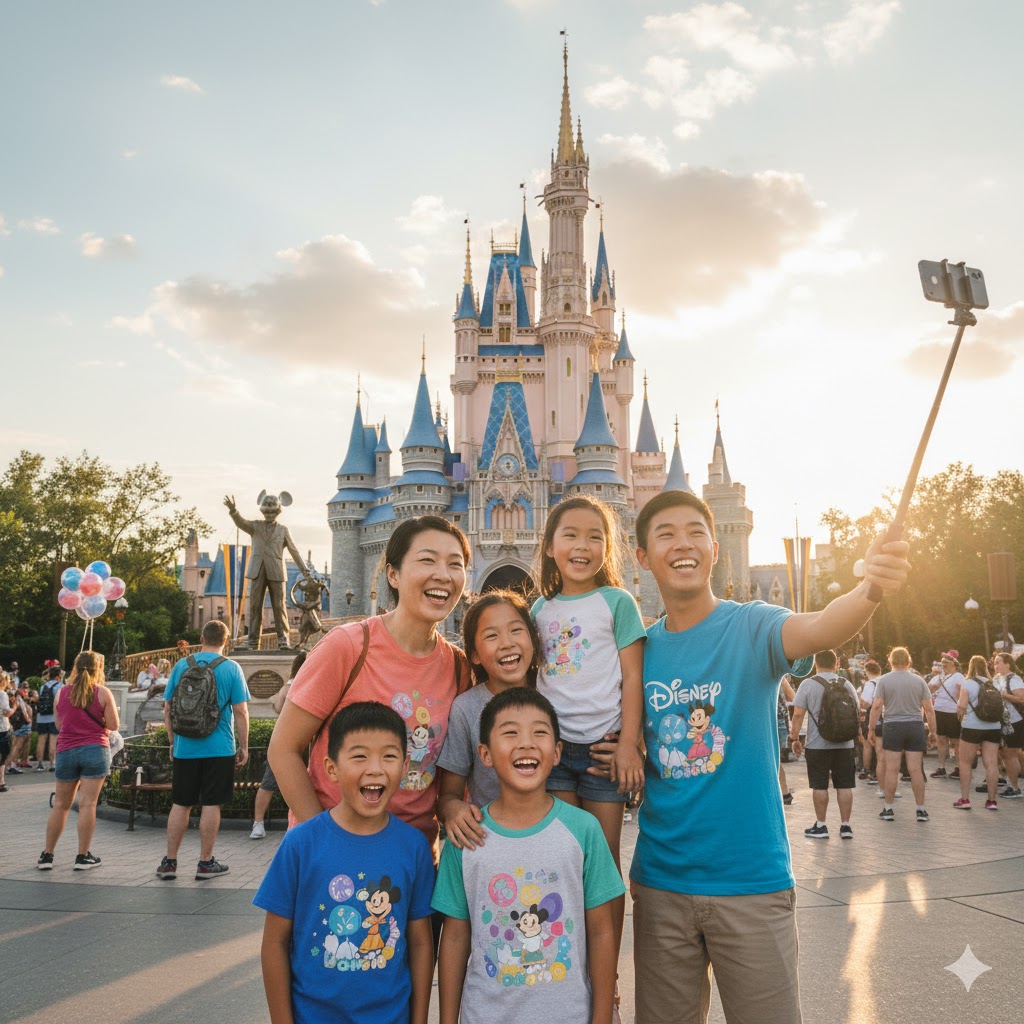 family smiling in front of Disney castle Florida USA