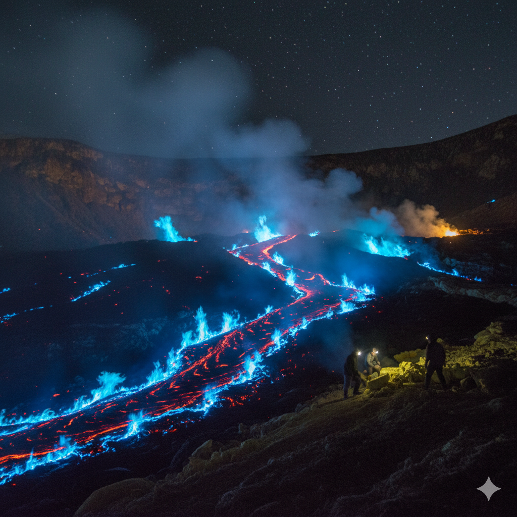 flames around the lava that glow blue