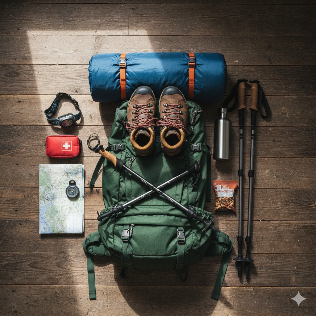 flat lay of essential trekking gear – boots, backpack, poles, and sleeping bag arranged on wooden floor