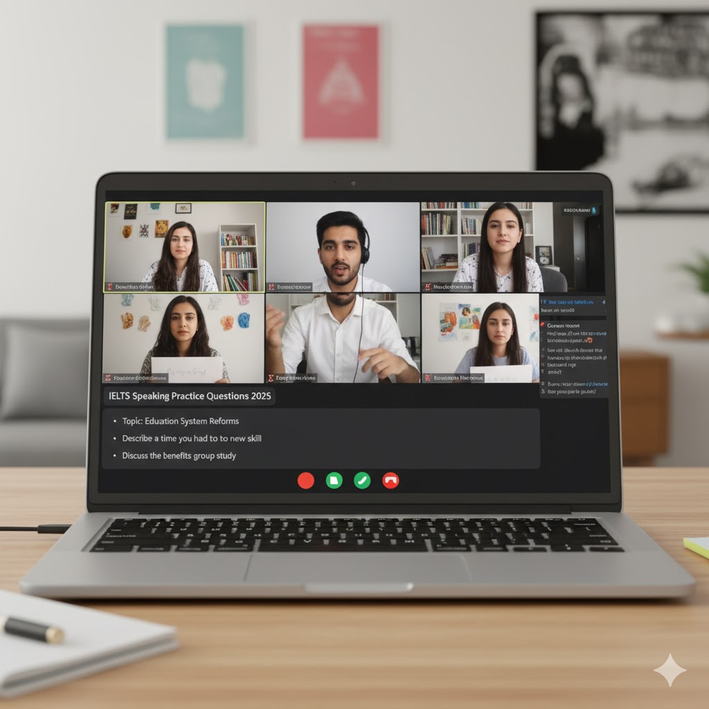 generate image on Group of Pakistani students discussing IELTS speaking questions online
