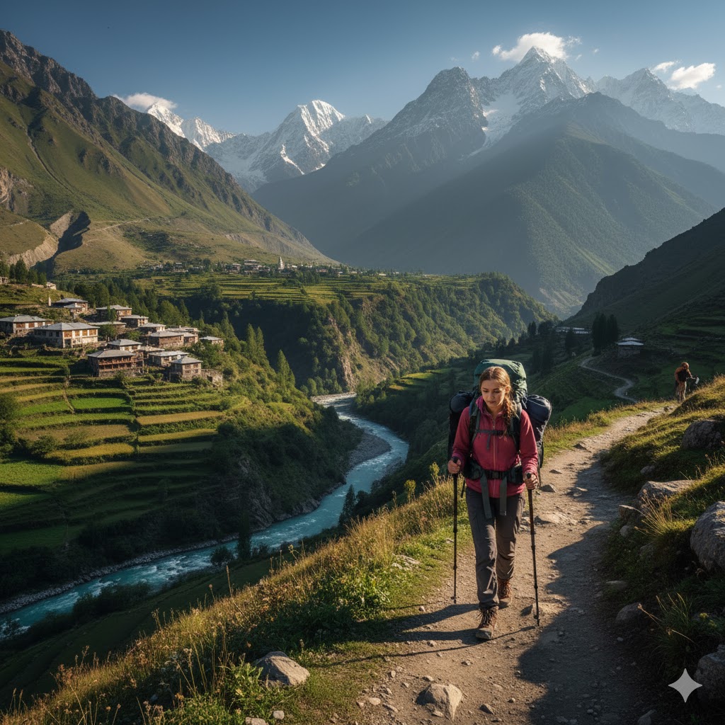 girl Hiker walking along a scenic mountain trail in Kalash Valley with traditional villages visible in the distance
