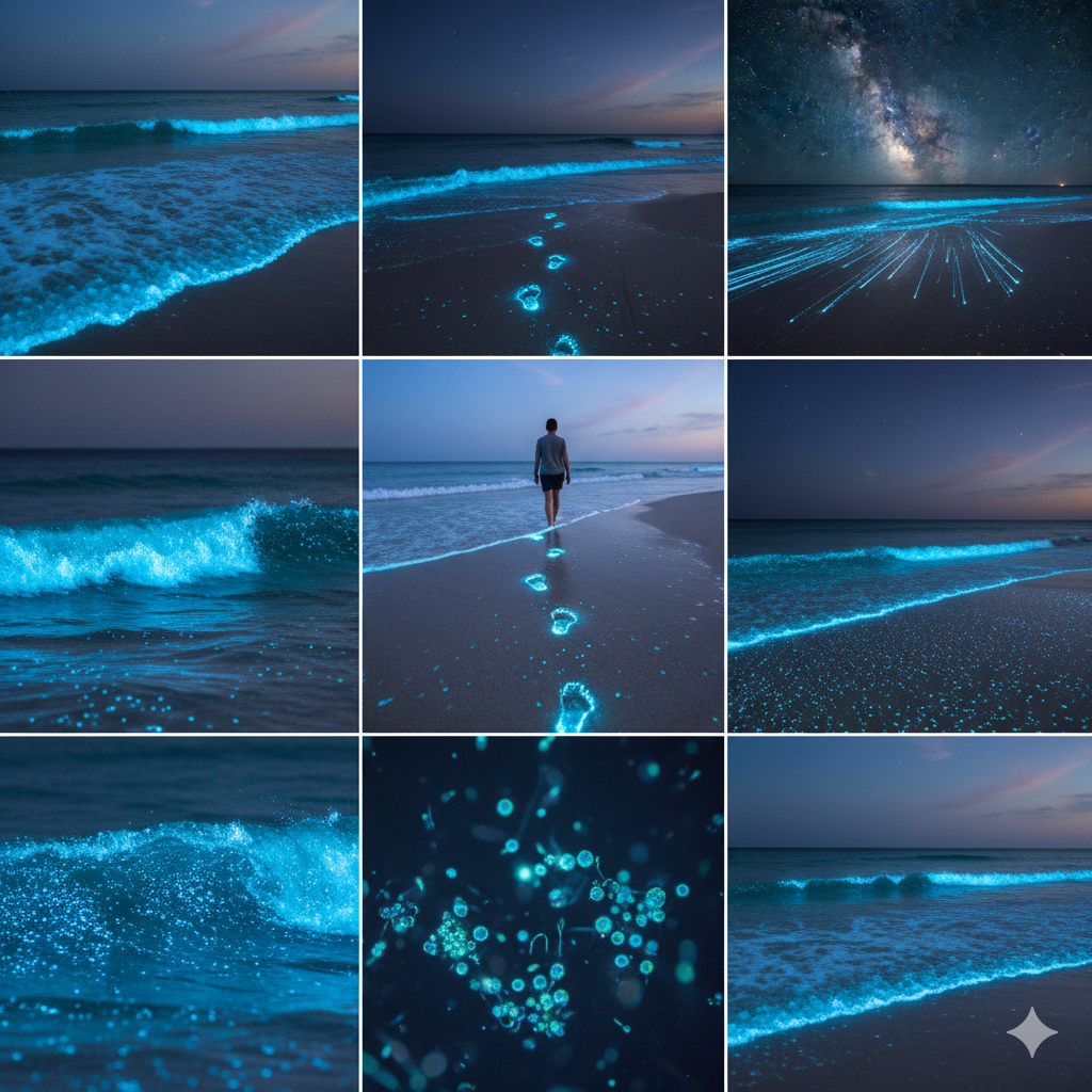 glowing blue waves - traveler walking on Vaadhoo