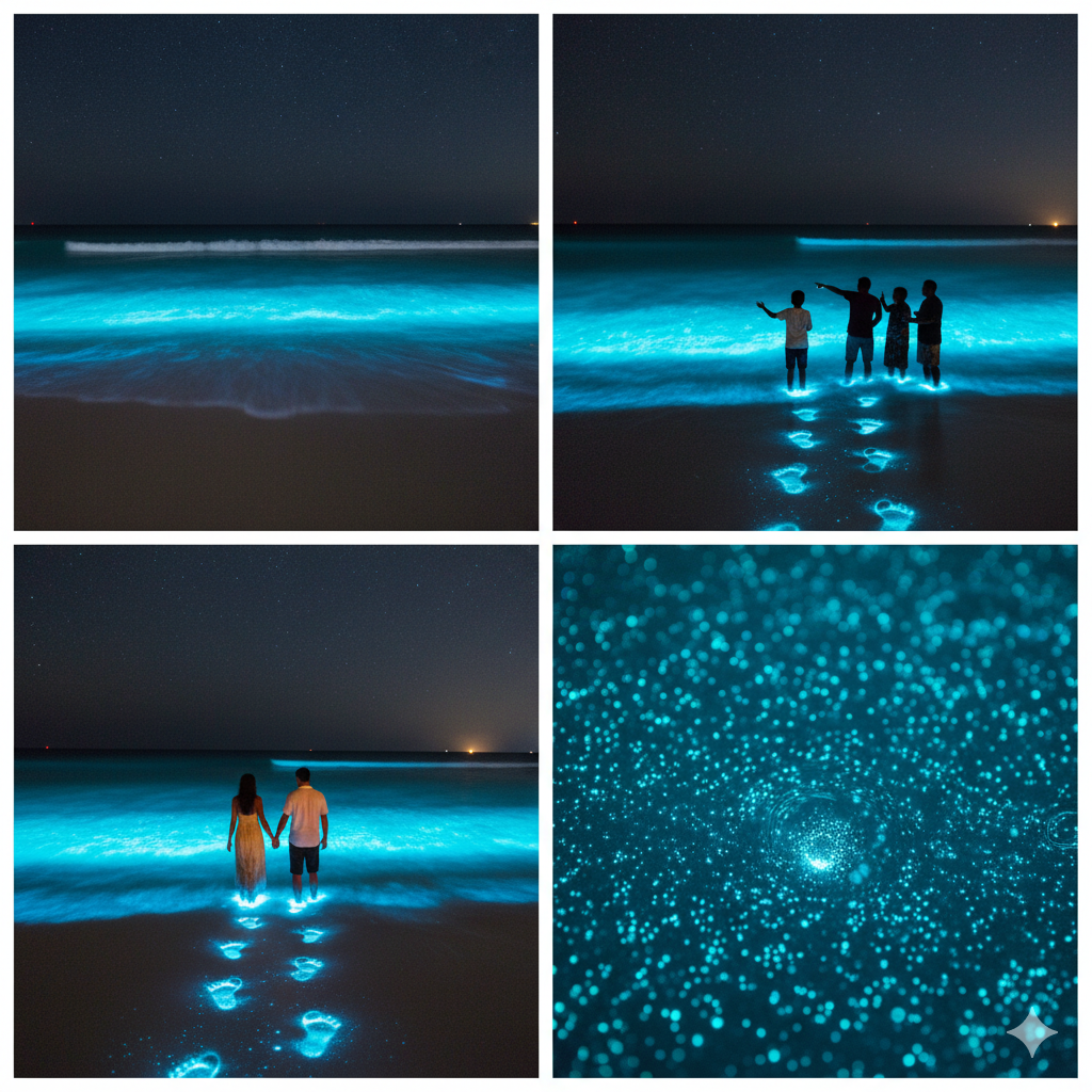 Tourists experiencing the glowing sea of stars phenomenon on Vaadhoo Island, Maldives