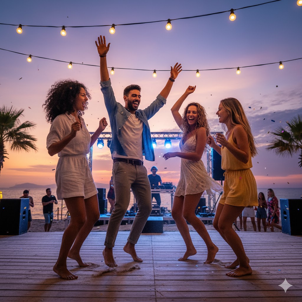 group of friends dancing at beach party Ibiza Spain