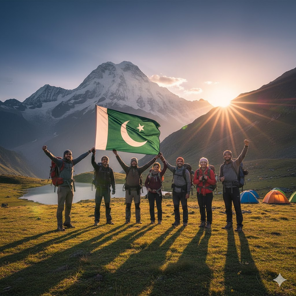 group of hikers celebrating at Fairy Meadows with Pakistan flag at sunset