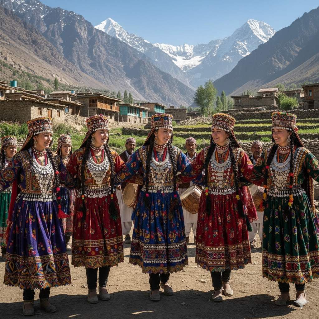 group of teen beautiful girls, realistic Kalash women dancing in colorful traditional dresses.
