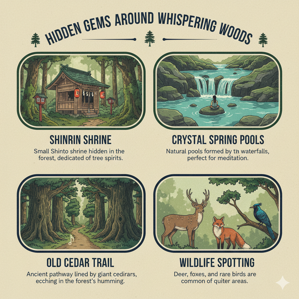 hidden gems of Whispering Woods - Shinrin Shrine, Crystal Spring Pools, Old Cedar Trail, Wildlife Spotting