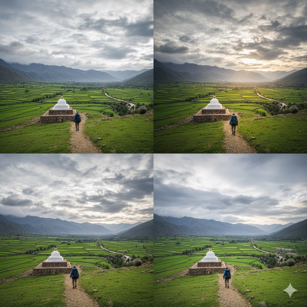 hiker walking through Swat Valley with Buddhist stupa in distance and green meadows under clouds