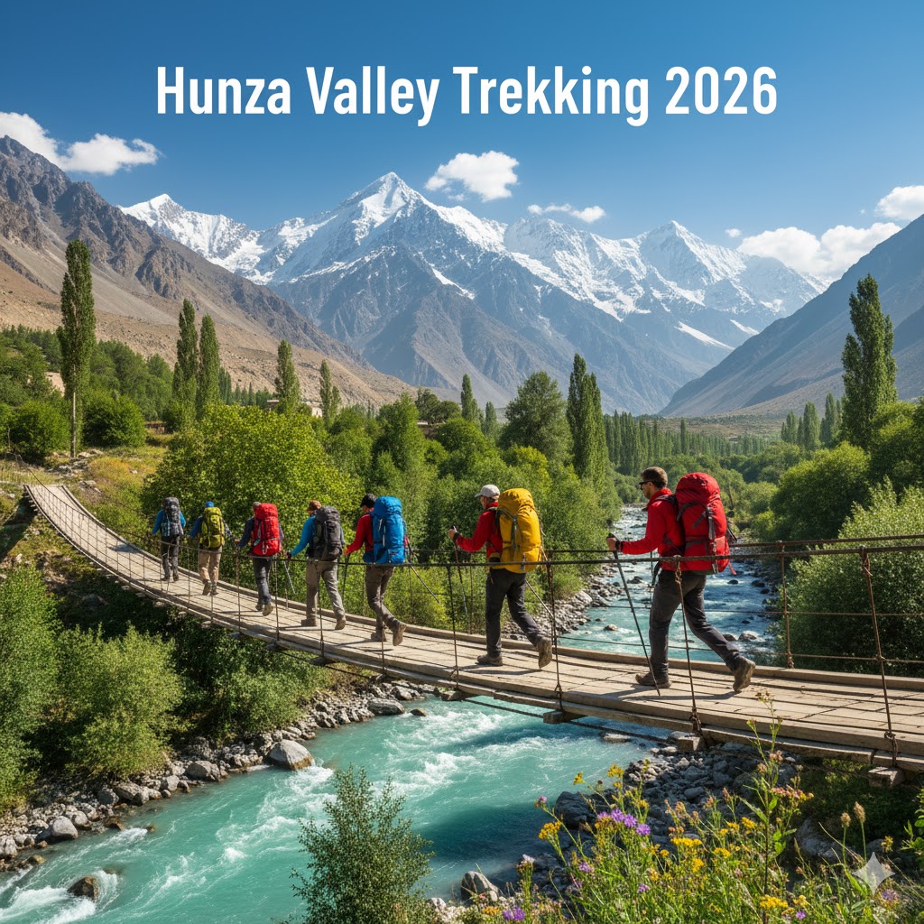 hikers crossing a wooden bridge under bright summer skies in Hunza Valley during trekking season 2026