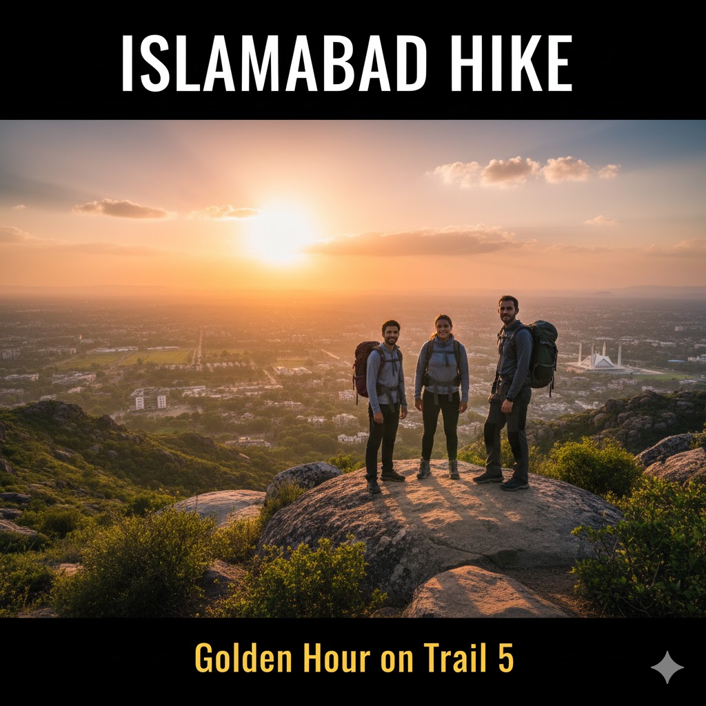 hikers overlooking Islamabad from Margalla Hills Trail 5 viewpoint under golden sunlight