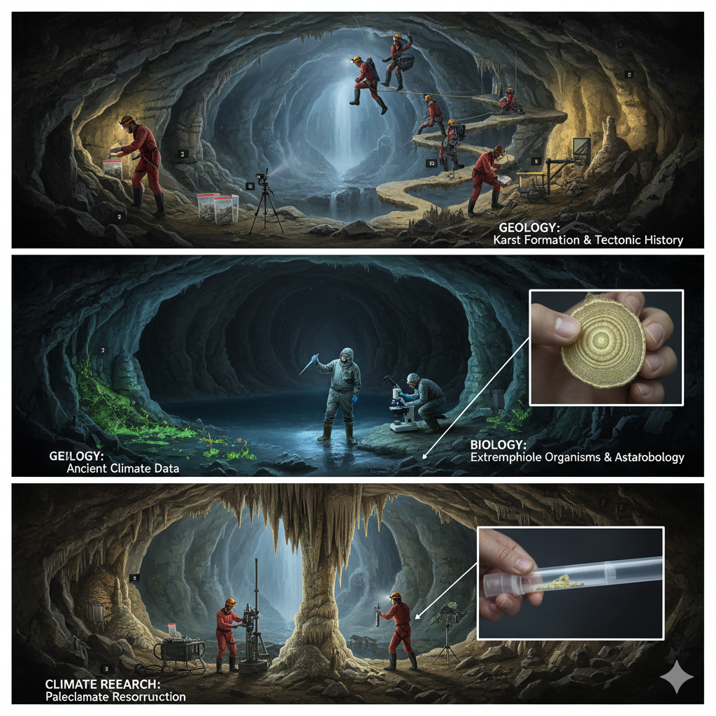 how scientists study deep caves, encompassing geology, biology, and climate research