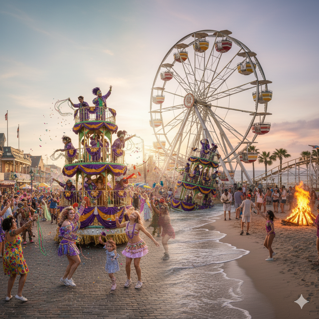 iconic parades of New Orleans to the vibrant beachside revelry of Galveston