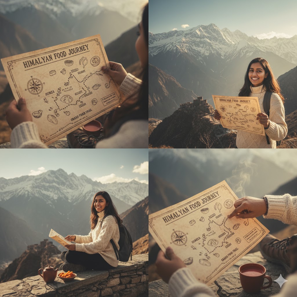image of a traveler holding a map of Northern Pakistan's food routes with mountains in the background