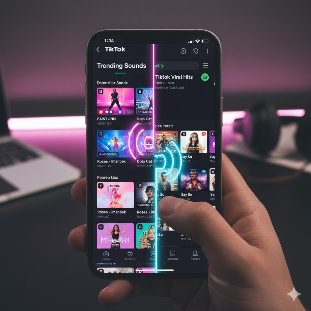 image on Phone screen showing TikTok music trends synced with Spotify playlist, symbolizing integration of social media and streaming