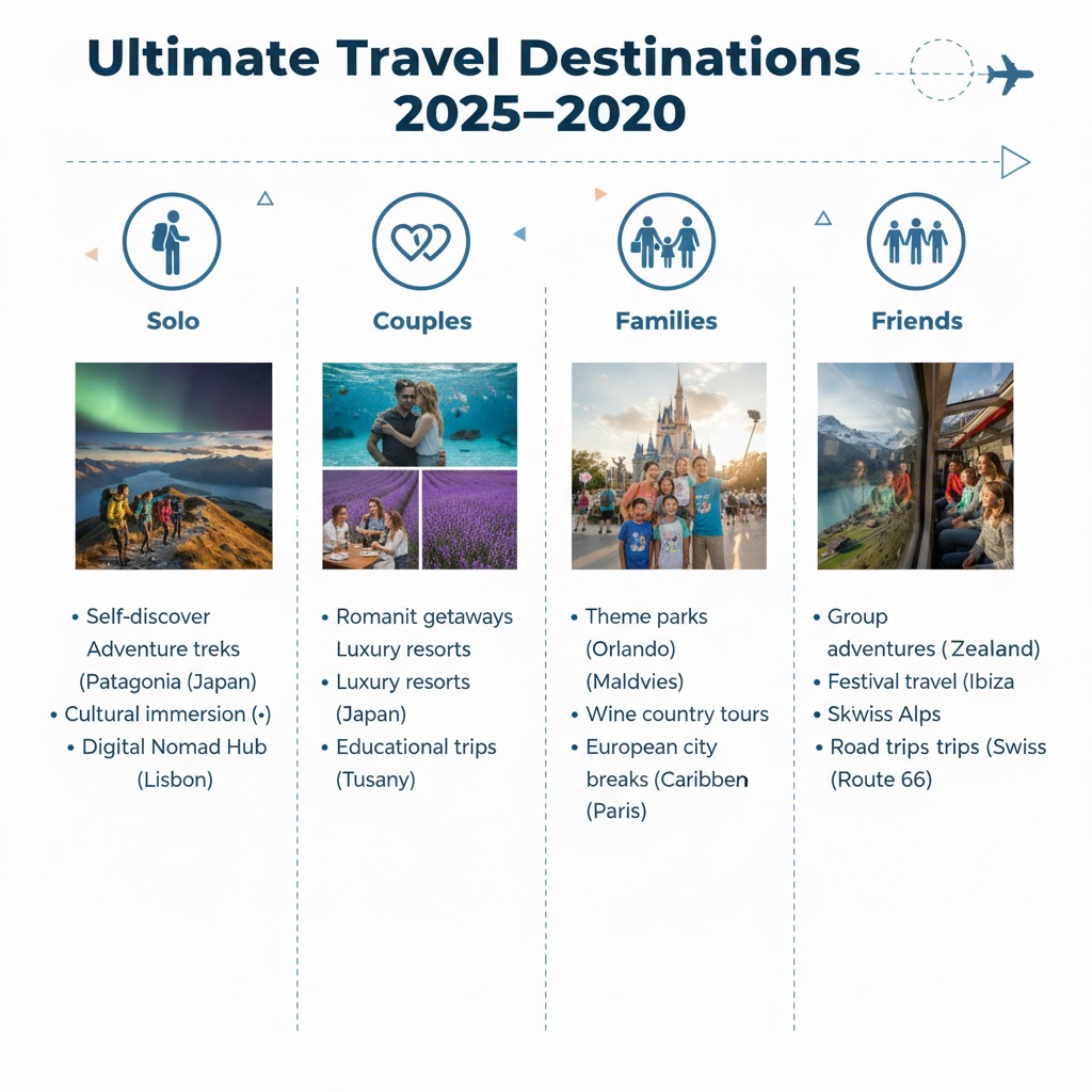 infographic comparing solo, couple, family, and friends destinations 2025–2030