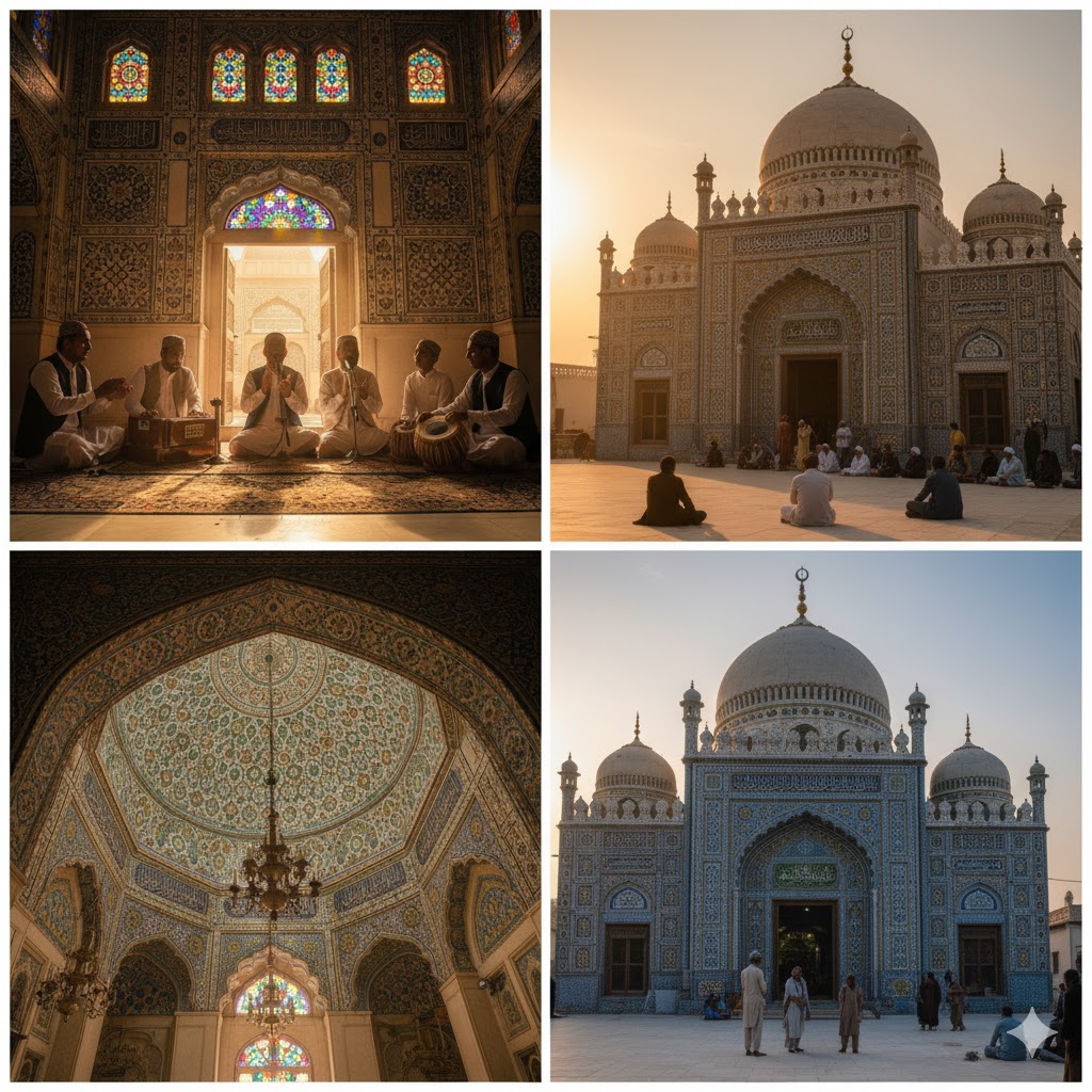 inside and outside images of shah abdul latif bhittai shrine