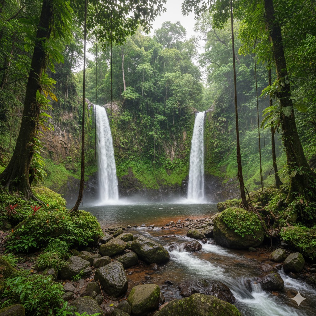 majestic Trafalgar twin waterfalls cascading through the tropical forest in Dominica