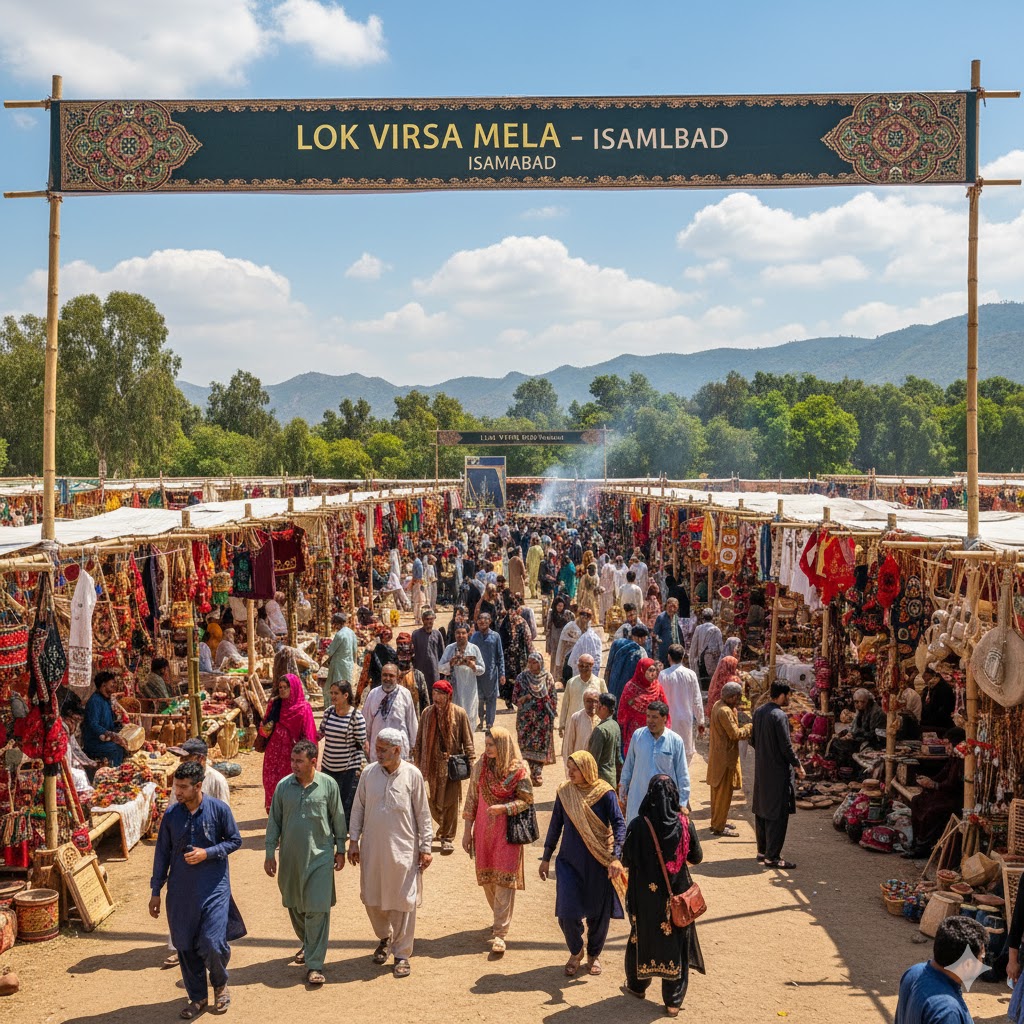 many Visitors exploring Lok Virsa Mela stalls in Islamabad.