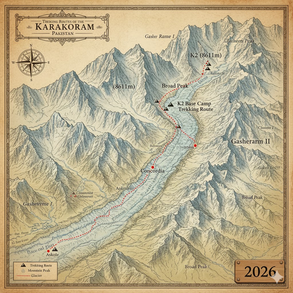 map of Karakoram range showing K2, Concordia, and Baltoro Glacier trekking routes in Pakistan 2026