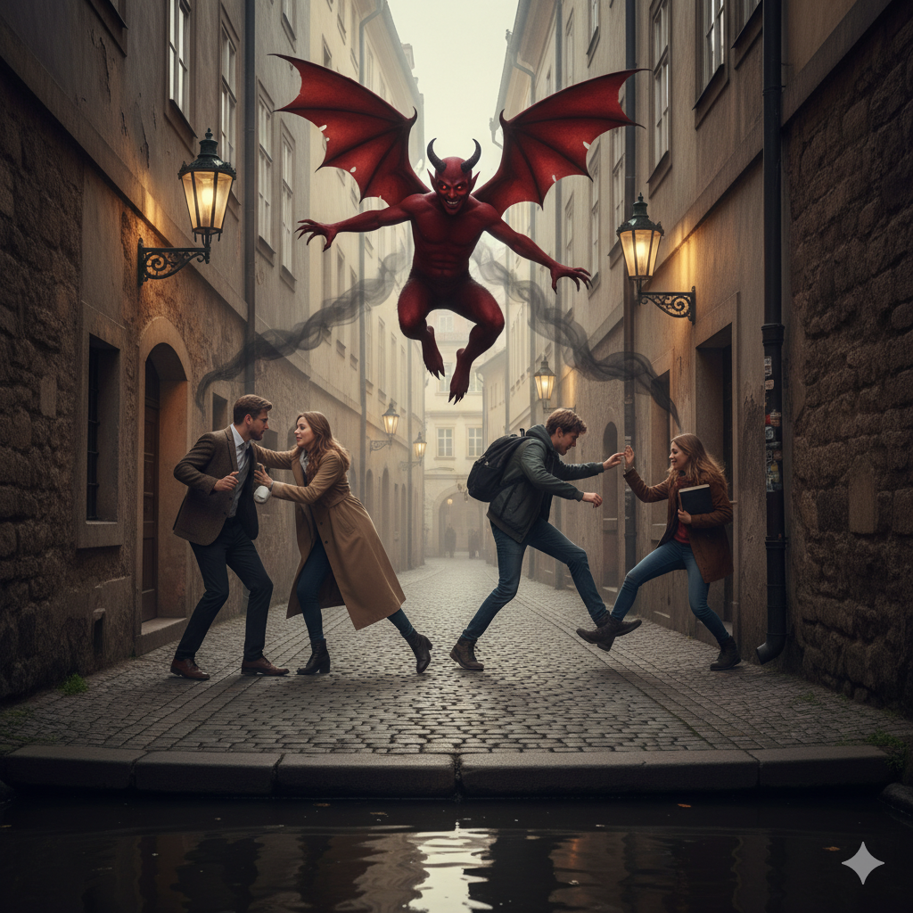 mischievous devil causing people to bump into each other in a narrow Prague alleyway