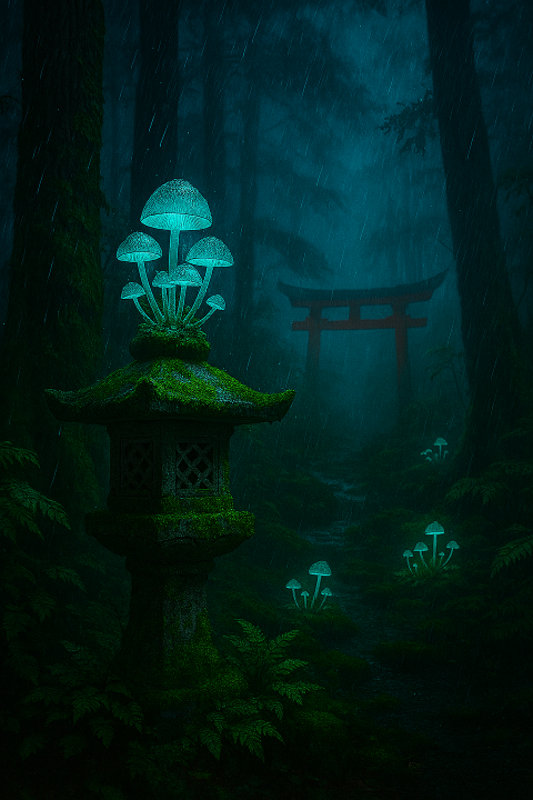 misty Japanese forest Moss-covered-stone-lantern-with-glowing-mushrooms-in-a-misty-Japanese-forest