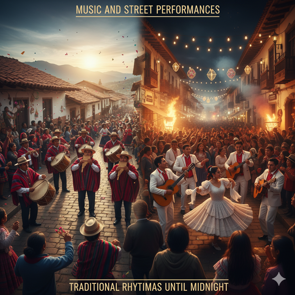 music and street performances, featuring local bands playing traditional rhythms