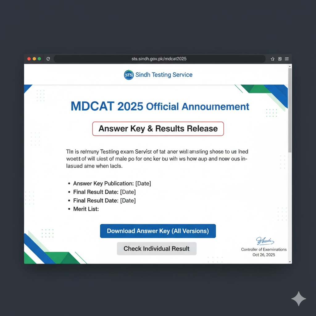 official STS notification showing the MDCAT 2025 announcement header.