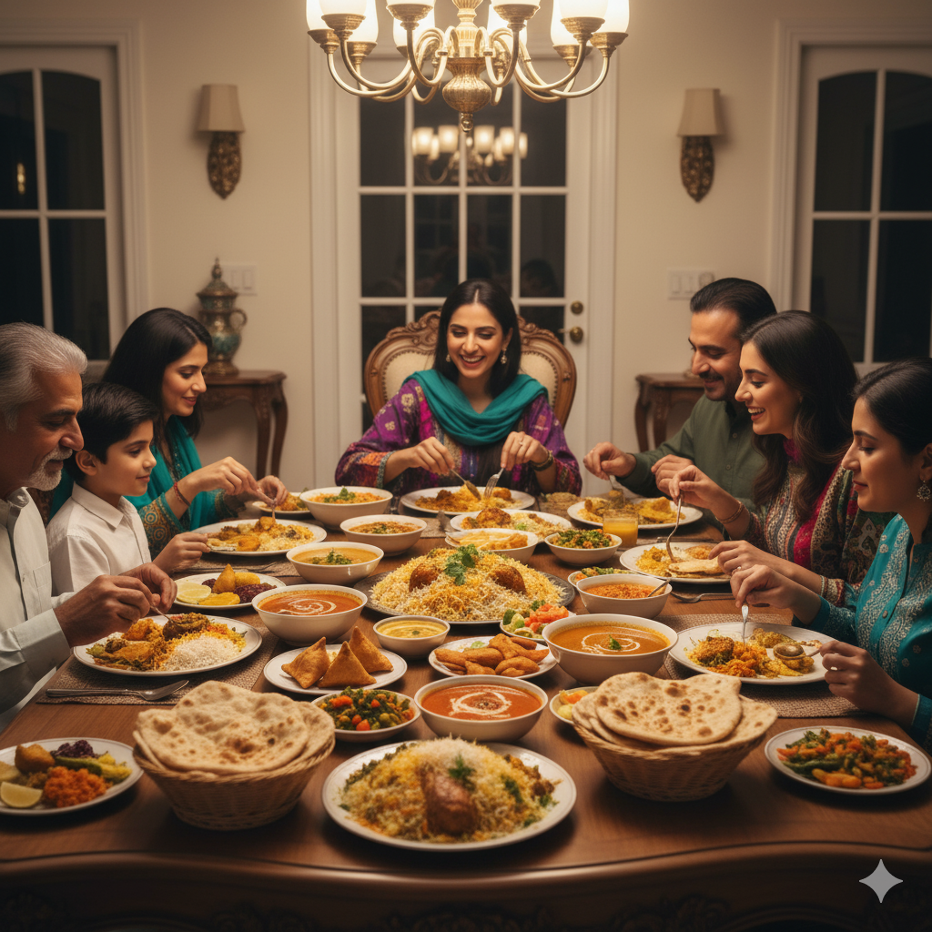 pakistani family dinner on dinning table with many pakistani dishes