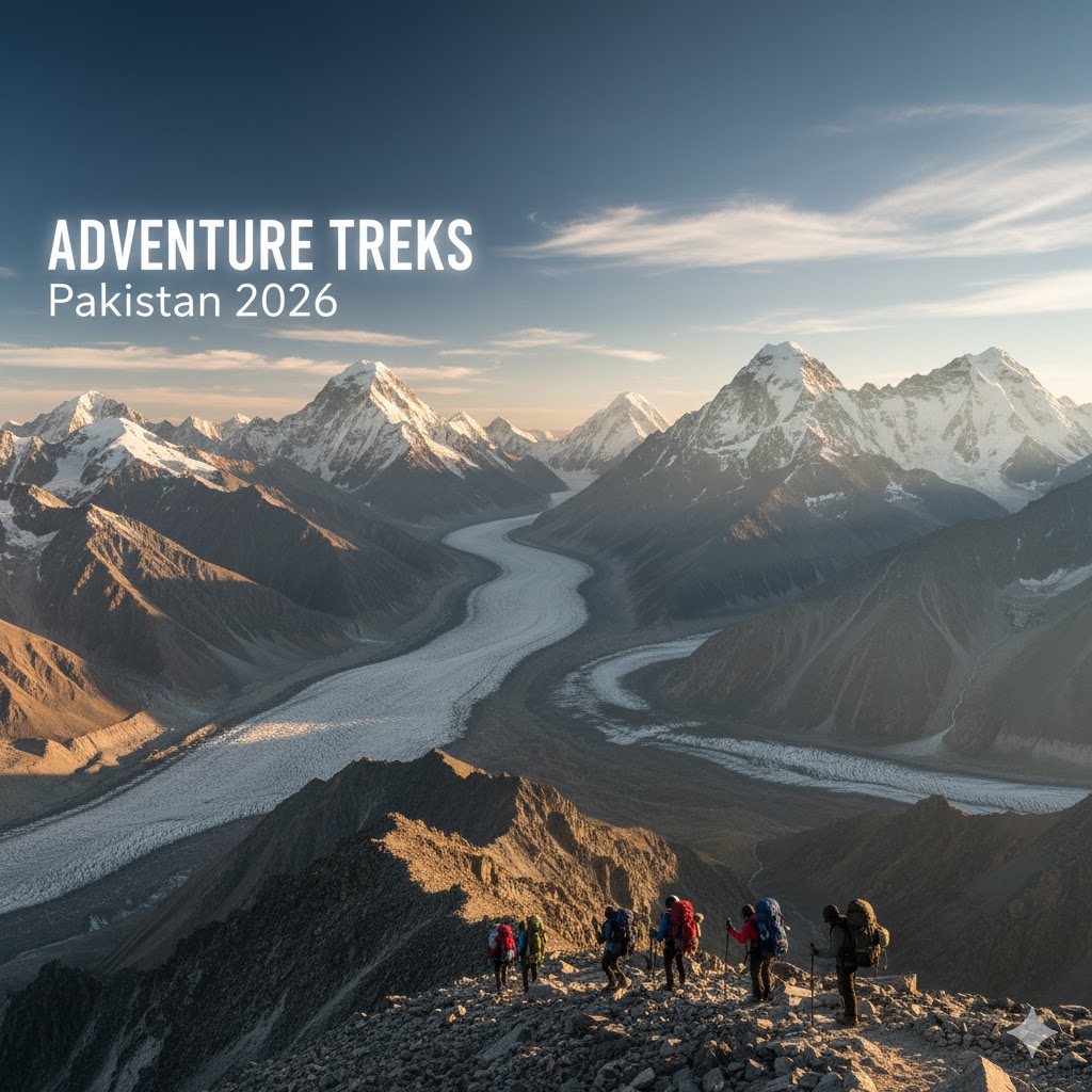 panoramic shot of Karakoram peaks under morning light — adventure treks in Pakistan 2026