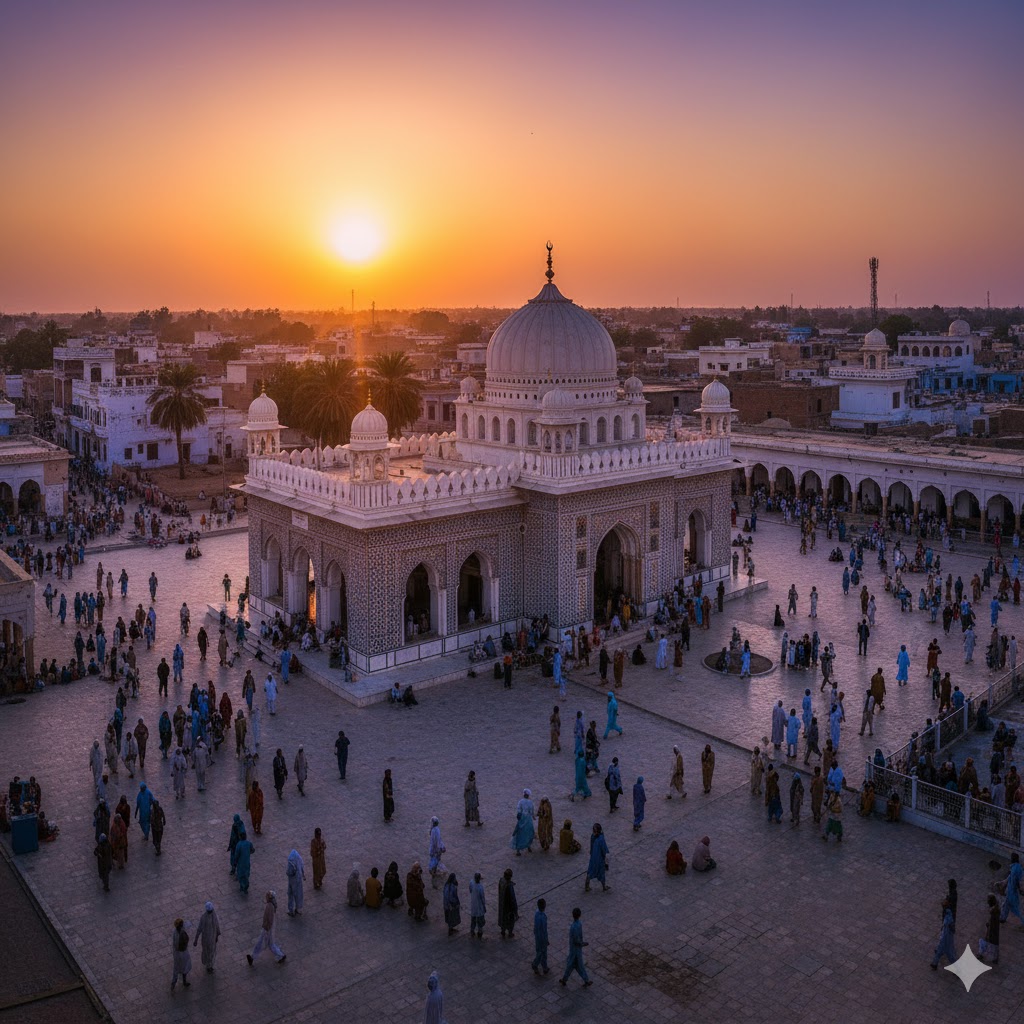 panoramic view of Bhit Shah with pilgrims gathered at Shah Abdul Latif Bhittai’s shrine during sunset