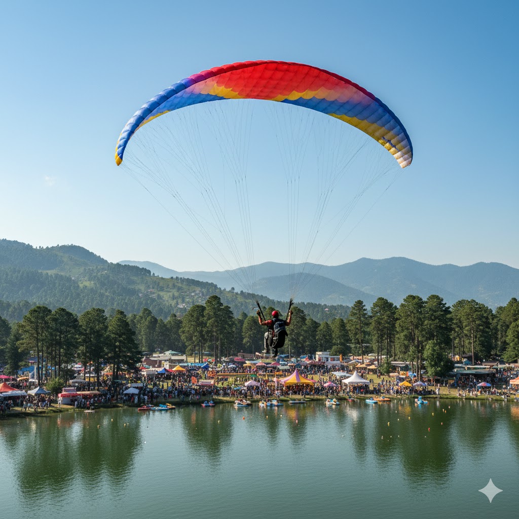 paraglider flying over Banjosa Lake during Rawalakot Summer Fair