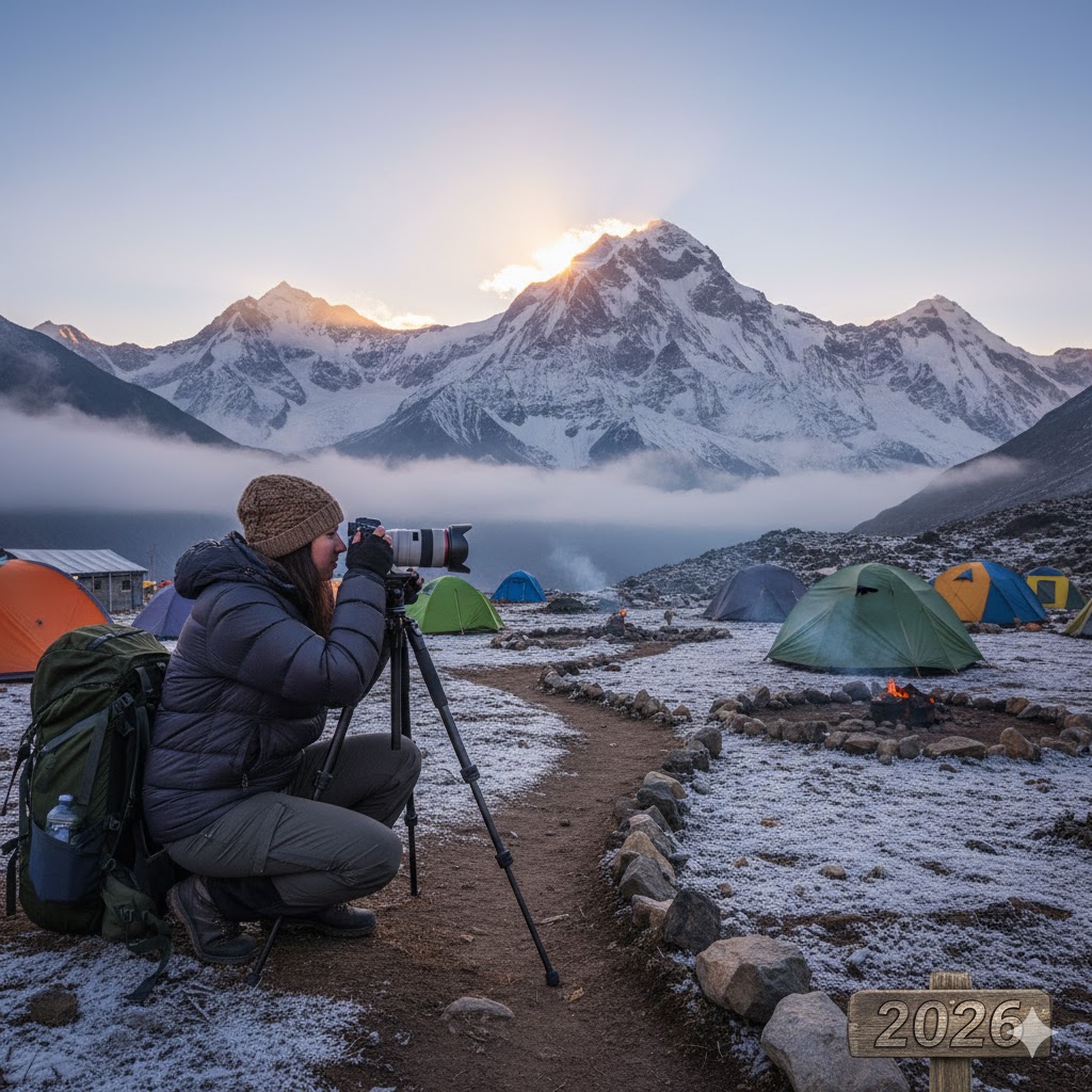 photographer capturing sunrise over Nanga Parbat from Fairy Meadows campsite 2026