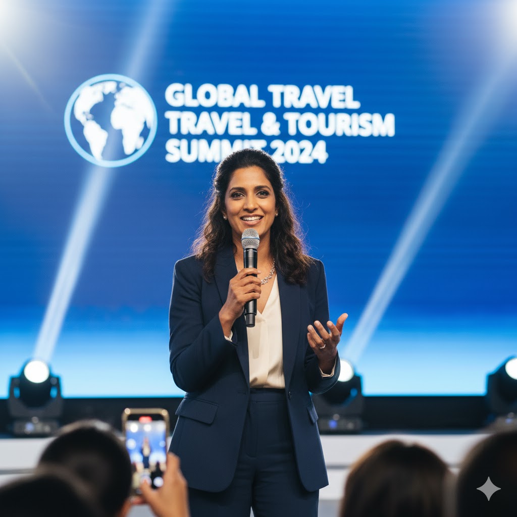 portrait of female travel expert speaking at tourism summit